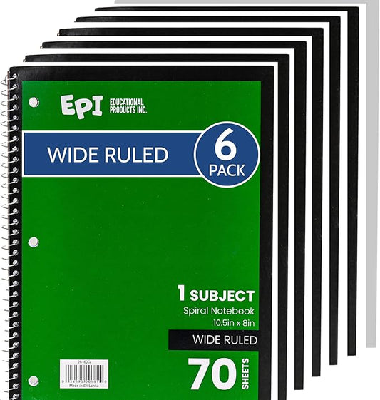 EPI Spiral Notebook | Wide - 70 Sheets, Durable Spiral Binding | 10.5 x 8 in | Classroom Supplies | School, Office, Note Taking, Journaling - 6 Pack