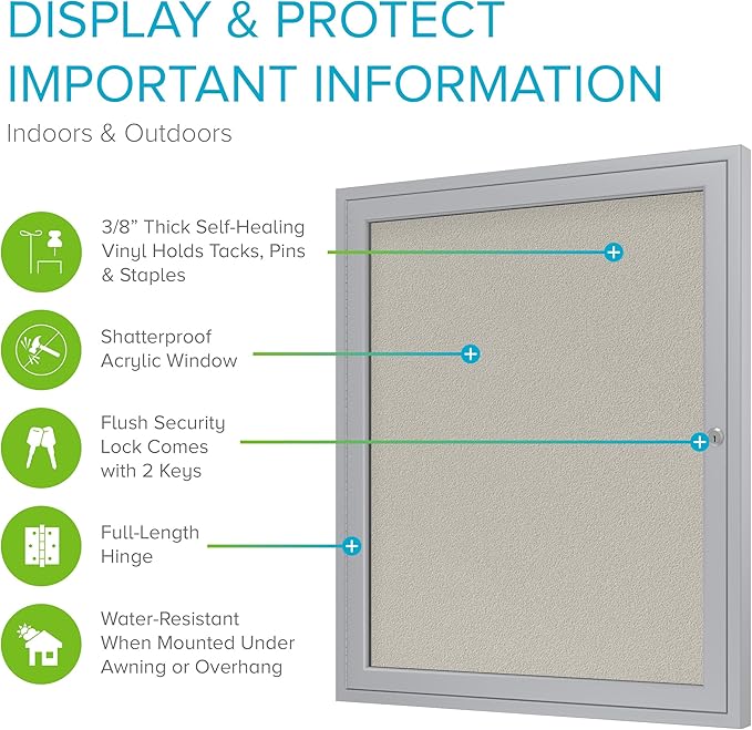 Ghent 36"x30" 1-Door Outdoor Enclosed Vinyl Bulletin Board, Shatter Resistant, with Lock, Satin Aluminum Frame - Ivory (PA13630VX-185), Made in the USA