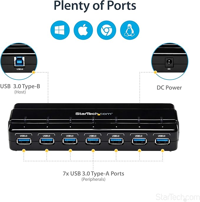 StarTech.com 7 Port USB 3.0 Hub – Up To 5 Gbps – 7 x USB – Universal Multi Port USB Extender for Your Desktop – USB Powered (ST7300USB3B)