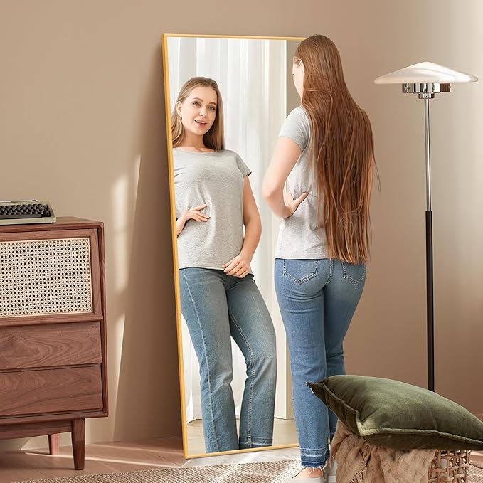 Arched Full Length Mirror, 57" x 20" Floor Mirror with Stand – Shatterproof Tempered Glass, Modern Aluminum Frame, Multi-Mount for Bedroom, Living Room, Gym, Gold