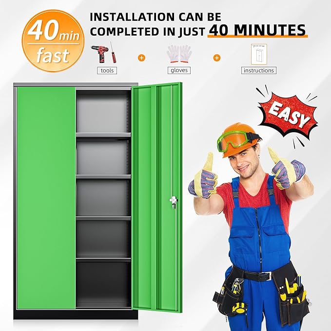 INTERGREAT Metal Storage Cabinet, Garage Steel Locking Cabinets with Doors and 4 Adjustable Shelves, Tall Lockable File Tool Cabinets for Home Office, Classroom Cabinet Basement, Black-Green