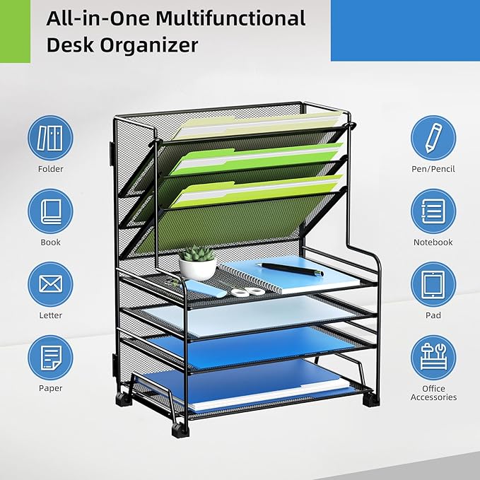 4-Tier Paper Organizer + 3-Pocket File Holder + Drawer + Pen Holders, Desktop File Organizers Paper Tray for Office Supplies School Classroom Organization (Black, No Drawer & Pen Holder)