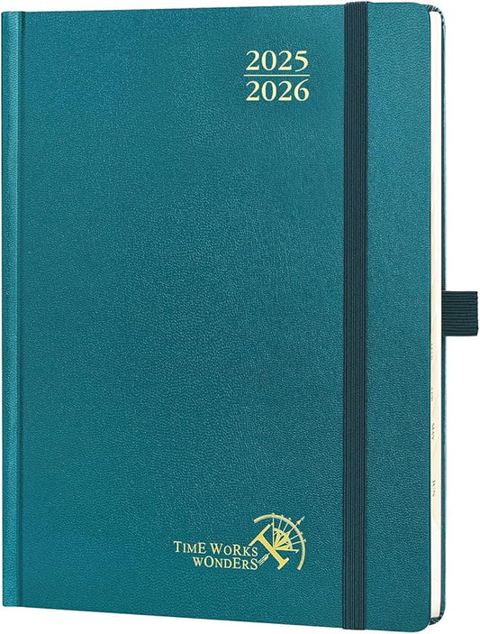 POPRUN Planner 2025-2026, (Medium 6.5'' x 8.5'' Hard Cover) Academic Calendar (July 25-June 26) Daily Weekly and Monthly Appointment Book with Hourly Time Slots, Monthly Tabs, 100 GSM - Pacific Green