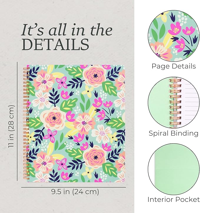 Steel Mill & Co Cute Large Spiral Notebook College Ruled, 11" x 9.5" with Durable Hardcover and 160 Lined Pages, Mint Floral
