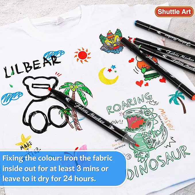 Shuttle Art Dual Tip Fabric Markers, 30 Colors Permanent No Bleed Pens for T-Shirts Sneakers, Non-Toxic & Child Safe for Kids Adult Painting Writing