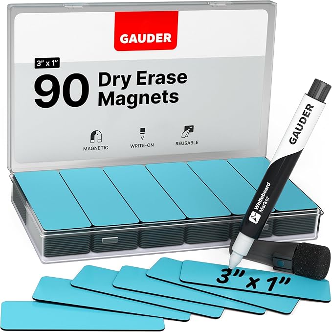 GAUDER Magnetic Dry Erase Labels | 90x Magnetic Labels (3 Inches x 1 Inch) | Dry Erase Magnets for Classroom, Whiteboard and Blackboard