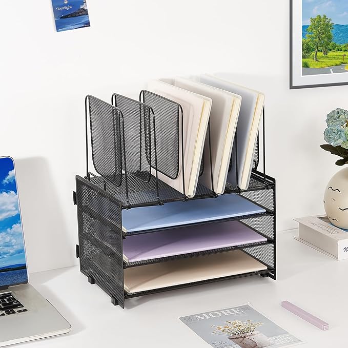 Desk Organizers and Accessories, 3-Tier Paper Organizer with 5 Vertical File Holders, File Folder Organizer (Black, 3T)