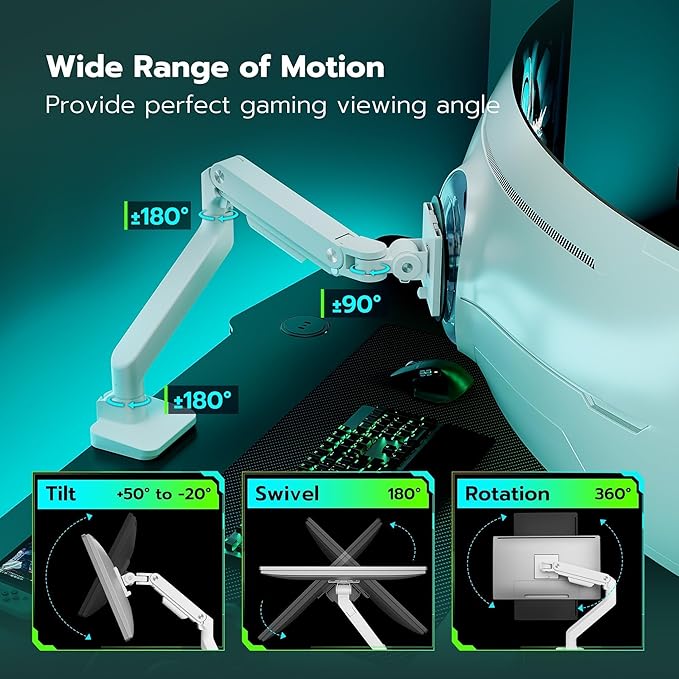 ARES WING Ultrawide Monitor Arm White for 17 to 49 Inch Heavy Duty Curved Screen, Holds 44 Lbs, Adjustable Gas Spring Monitor Arm Desk Mount with C Clamp, Grommet Base, 75/100 Vesa Mount