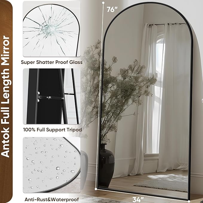 Antok Full Length Mirror, 76"x34" Arched Floor Mirror, Mirror Full Length with Stand, Wall Mounted Mirrors for Living Room Bedroom,Black