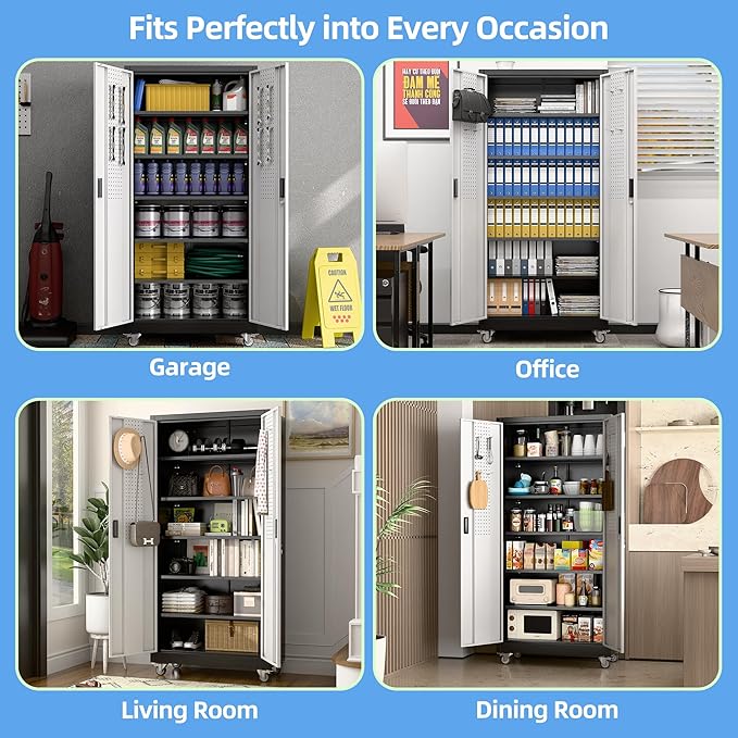 Aobabo Garage Storage Cabinet with Wheels, Metal Storage Cabinet with 5 Adjustable Shelves for Garage Home, Black&Silver,71" H*34''W*18''D,Required-Assembly,