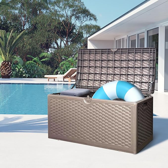 80 Plus Gallon Outdoor Storage Box, Waterproof Resin Deck Box Outdoor Storage Bin for Patio, Poolside, and Garden, Lockable & UV-Resistant, Ideal for Small Spaces, Brown