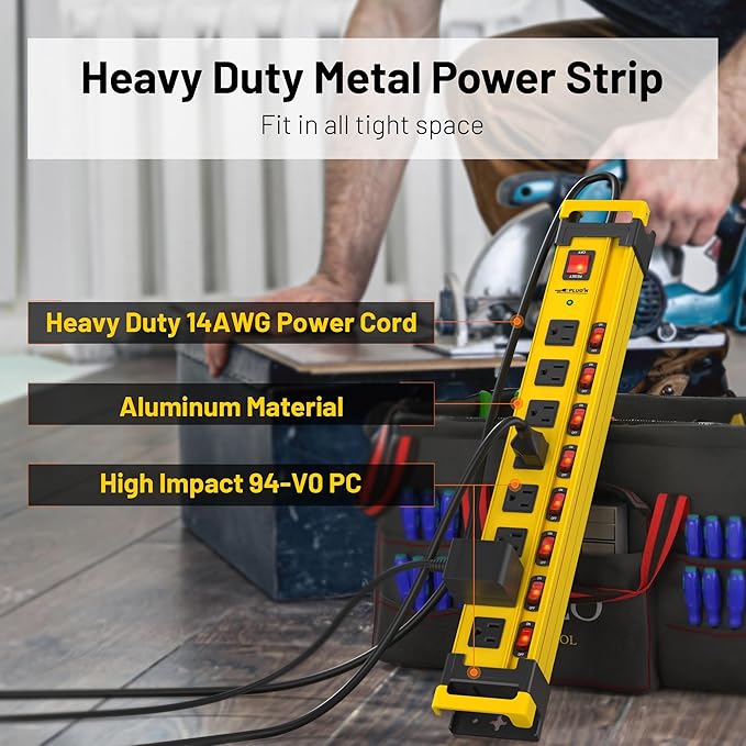 Plug'n 2 Packs 8 Outlet 2700J Surge Protector Power Strip with Individual Switches,Heavy Duty Garage Power Strip with Cord Manager,Flat Plug,6FT/14AWG Power Cord for Workshop,Shop,Home,Kitchen