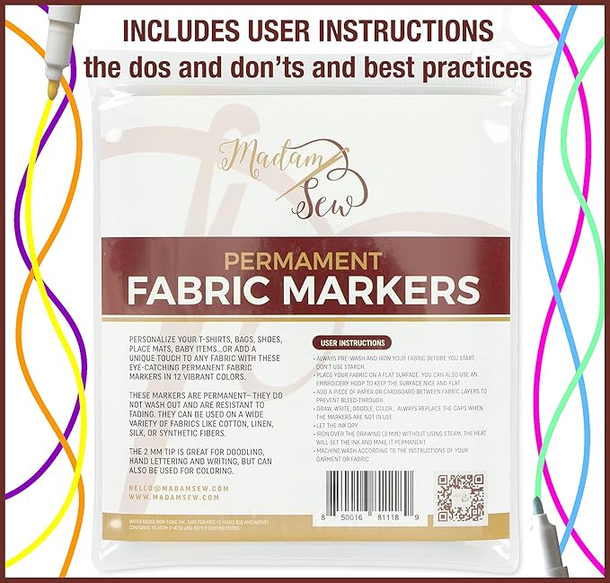 Madam Sew Fabric Markers – Set of 12 Permanent Fabric Marker Set for Clothes, Crafts, Shoes & Canvas – No Bleed, Fine Tip, Non Toxic Pens for DIY & Laundry Marking