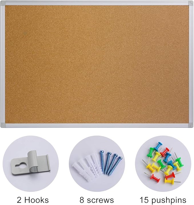 Board2by Cork Board Bulletin Board 24 x 36, Silver Aluminium Framed 2x3 Corkboard, Office Board for Wall Cork, Large Wall Mounted Notice Pin Board