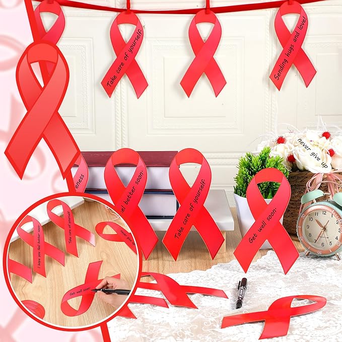 Kosiz 100 Pack Large Red Ribbon Awareness Set 100 Red Ribbon Week Cutouts Drug Free Heart Disease HIV Aids Awareness Items 2 Marker Pens 100 Wooden Clips with Rope for Public Charity Party Supplies