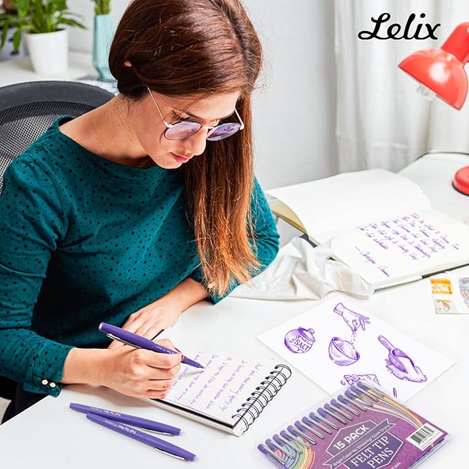 Lelix Felt Tip Pens, 15 Purple Pack, 0.7mm Medium Point, Felt Tip Markers Pens for Journaling, Writing, Note Taking, Planner, Perfect for School Office and Art Supplies