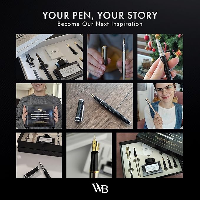 Wordsworth & Black Fountain Pen Gift Set, Includes Bottle, 6 Cartridges, Refill Converter, 4 Replacement Nibs, Premium Package, Journaling, Calligraphy, Smooth Writing Pens [Black Gold]