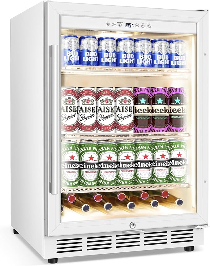 Beverage Refrigerator 24 Inch Drink Fridge, Beer Fridge, 150 Cans Beverage Cooler, Under Counter Refrigerator, Drink Cooler Undercounter Outdoor Refrigerators, Single Glass Door Bar Fridge