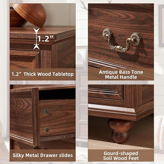 Farmhouse 4 Drawer Dresser Set of 2 for Bedroom, 37" Tall Rustic Chests of Drawers w/ 4 Solid Wood Feet, Mid Century Vintage Wooden Closet Storage Dressers Organizer for Living Room, Brown