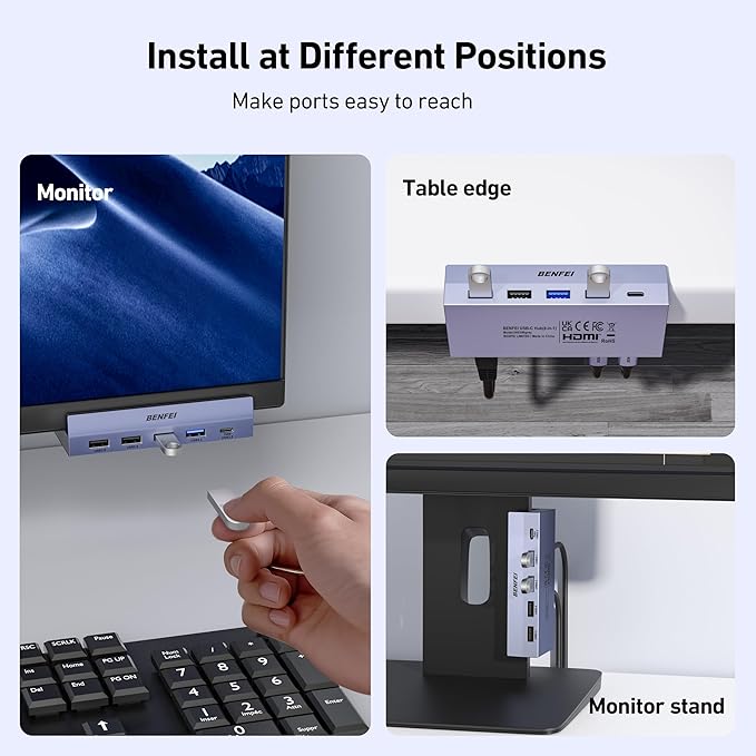 BENFEI 8-in-1 USB C Hub with Secure Clamp – Features 4K@60Hz HDMI, Gigabit Ethernet, 100W PD, 10Gbps 1x USB-C, 2 x USB-A 3.2, 2 x USB-A 2.0 Compatible with MacBook, iPad Pro, iMac, S23, XPS17
