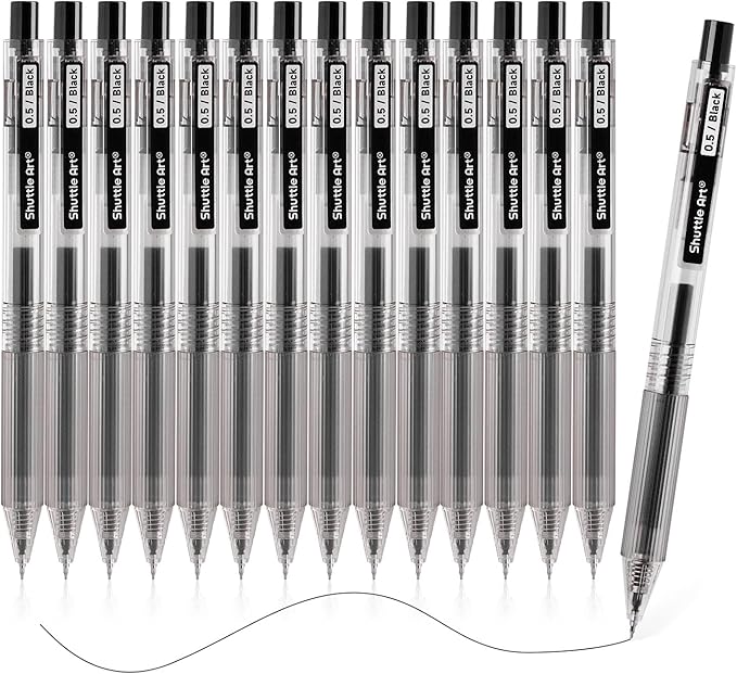 Shuttle Art Black Gel Pens, Ink Glide Series 15 Pack Retractable 0.5mm Fine Point Rollerball Gel Ink Pens Quick Drying Waterproof Smooth Writing with Comfortable Grip for Office School and home