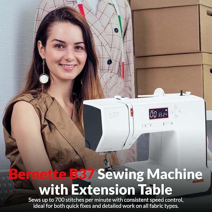 Bernette b37 Sewing Machine with Quilting Kit, Includes Rotary Cutter, Cutting Mat & Non-Slip Acrylic Ruler | LCD Display, LED Light, 50 Stitches, Built-in Needle Threader | For Beginners to Pros