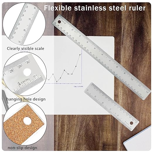 3 Pcs 6 Inch Metal Ruler Stainless Steel Metal Ruler with Cork Backing, Non-Slip Rulers with Inch and Centimeters, Straight Edge Cork Base Rulers for Student School Office Drafting Tools