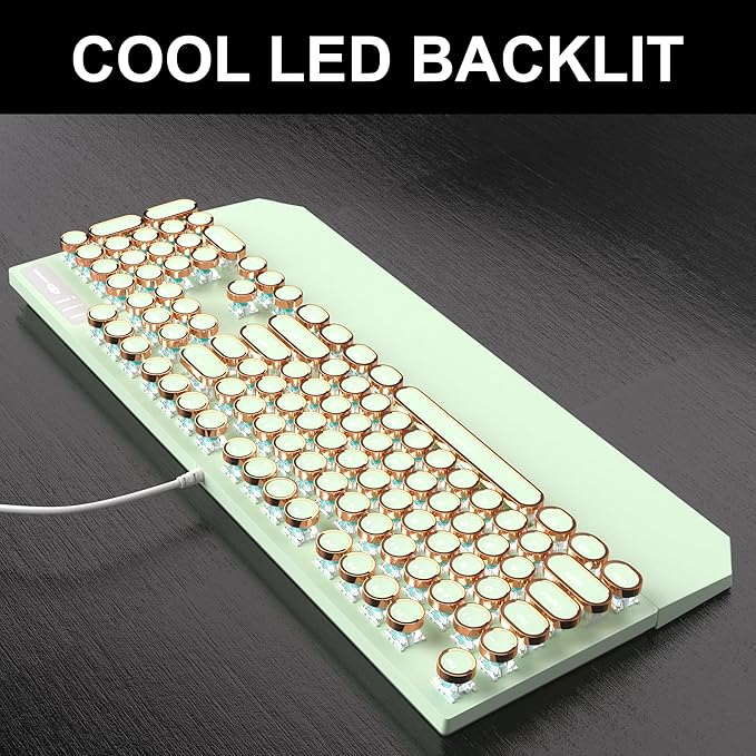 Camiysn Typewriter Style Mechanical Gaming Keyboard, Green Retro Punk Gaming Keyboard with White Backlit, 104 Keys Blue Switch Wired Cute Keyboards, Round Keycaps for Windows/Mac/PC