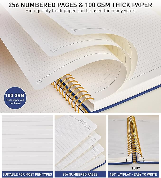A4 Spiral Notebook Journal 8.5” x 11”, 256 Numbered Pages Hardcover Leather Journals for Women Men, Large Lined College Ruled Notebooks, 100GSM Thick Paper, Spiral Bound Journal for Work School, Navy