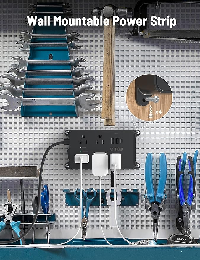 TROND Surge Protector Power Strip with USB, 10ft Extension Cord, ETL Listed, 5 Widely-Spaced Outlets with 3 USB Ports, 1300J, Low-Profile Flat Plug, Wall Mountable, 14AWG Heavy Duty, Black