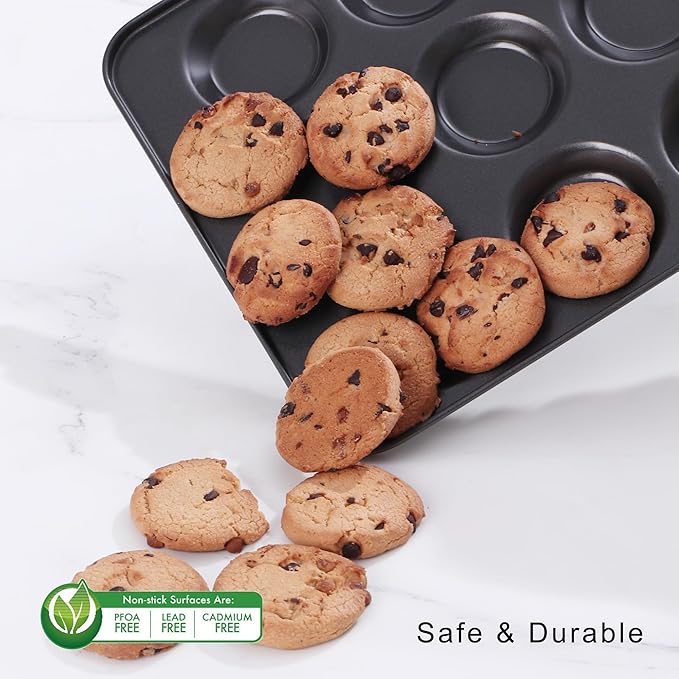 HONGBAKE Mini Muffin Top Pan for Baking, Premium 12 Cavity Small Whoopie Pie Pan, Nonstick Yorkshire Pudding Pan for Pansuffin, Moon Pie, Cookies, Dishwasher Safe and Easy to Clean