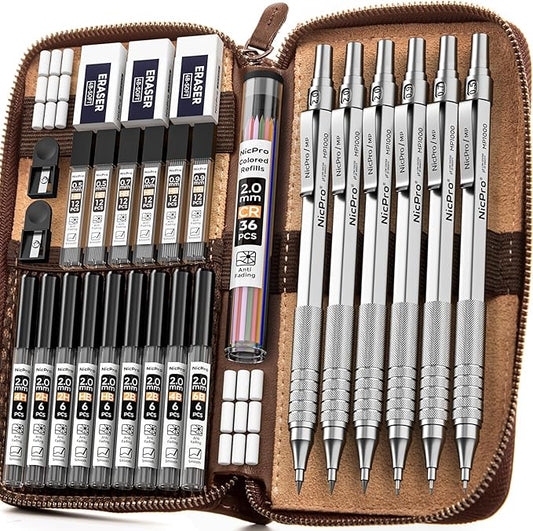 Nicpro 30PCS Silver Metal Mechanical Pencils Set in Leather Case, Art Drafting Pencil 0.5, 0.7, 0.9 mm, 2mm Lead Pencil Holder for Sketching Drawing With 16 Tube (6B 4B 2B HB 2H 4H Colors)Lead Refill