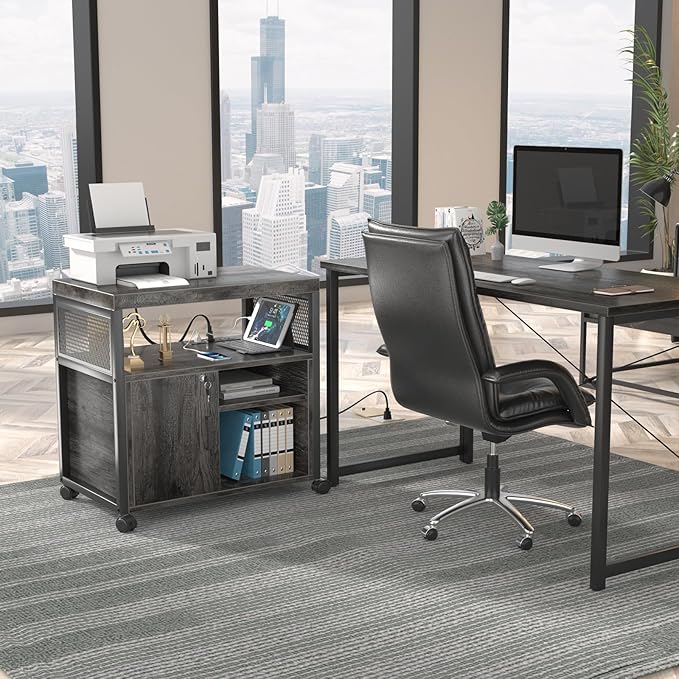 Unikito Rolling File Cabinet Lateral Office Filing Cabinets with Socket and USB Charging Port, Modern Printer Stand on Wheels Printer Cabinet with Door and Open Storage, Lockable, Black Oak