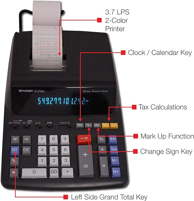 Sharp 12-Digit Print Calculator Desktop Size Adding Machine, Perfect for Everyday Use and Office, Bright, Large Easy-to-Read Numbers on Both The Display and The Two-ColorPrinted Tape (EL2196BL)