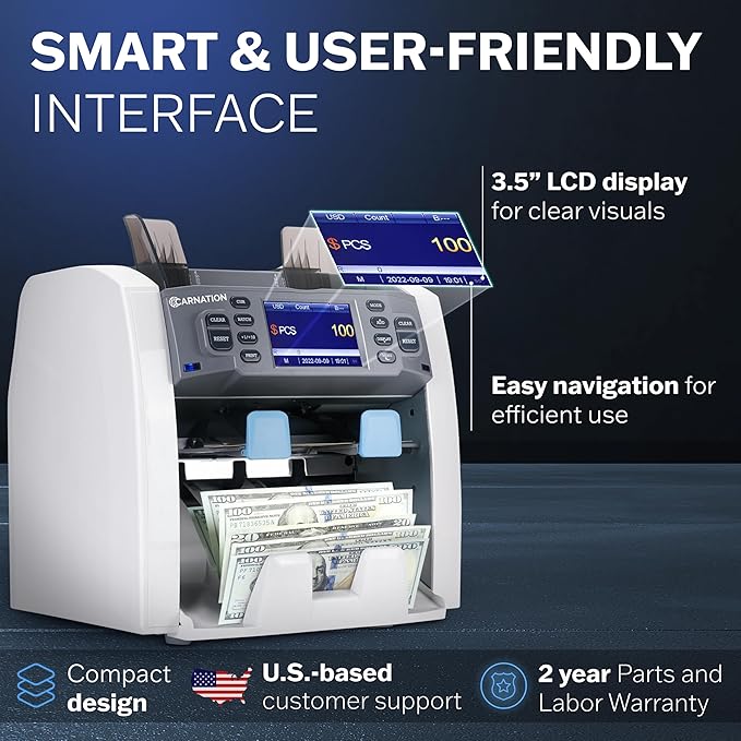 CARNATION Multi-Currency Bill Counter and Sorter with Counterfeit Detection - Money Counter Machine with MG, IR, MT, UV & CIS Image Recognition