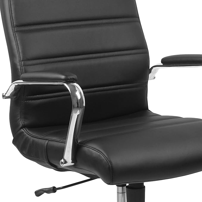 Flash Furniture Whitney High-Back Swivel LeatherSoft Desk Chair with Padded Seat and Armrests, Adjustable Height Padded Office Chair, Black/Chrome
