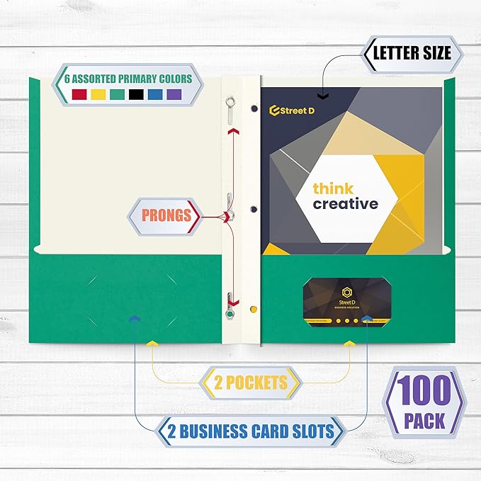 Letter Size Paper Portfolios by Better Office Products, Case of 100, Assorted Primary Colors, with Fasteners (Contemporary, 2 Pocket Paper Folders with Fasteners)