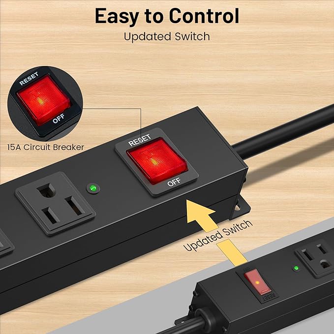 KF Matel 6 Outlet Power Strip Surge Protection 2100J, Heavy Duty Wide Space Power Strip with Flat Plug, 14AWG 6FT Extension Cord for Home, Garage, Shop