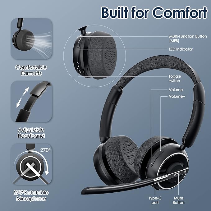 Wireless Headset, Bluetooth Headset with AI Noise Cancelling Mic, Bluetooth V5.2 Headphones with USB Dongle, Charging Base & Mic Mute for PC/Cell Phones/Call Center (Black)