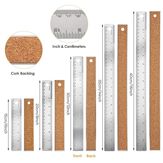 5Pcs Cork Backed Ruler Stainless Steel Ruler, 6/8/12/14/16 Inch Metal Ruler,Straight Edge Ruler Non-Slip Metal Rulers with Inch and Centimeters for Drawing Engineering(6 + 8 + 12 + 14 + 16 Inch)