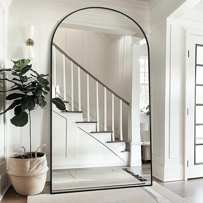 Antok Full Length Mirror, 86"x46" Oversized Floor Mirror Freestanding, Full Body Mirror Floor Standing Mirrors with Stand, Hanging Mounted Mirrors for Living Room Cloakroom,Black,Arched Style