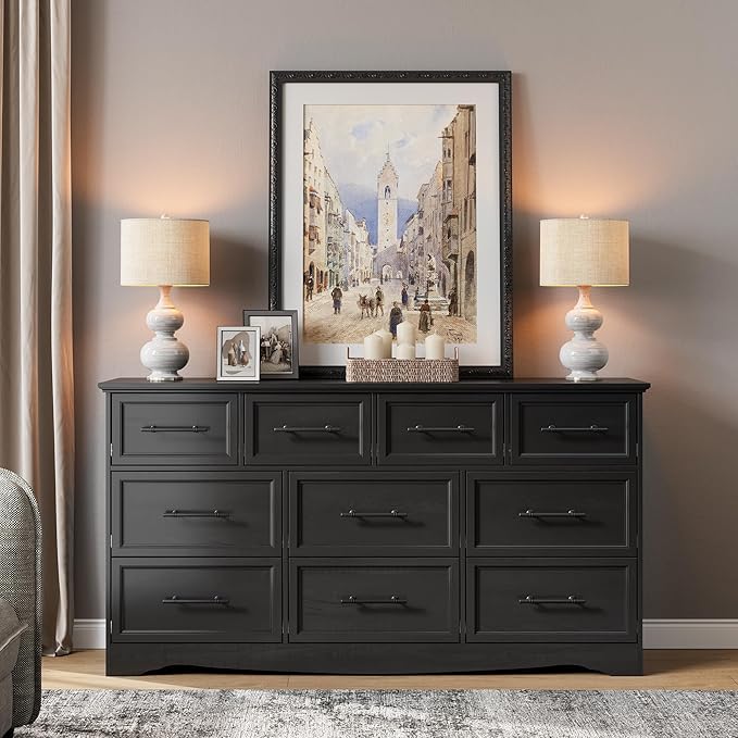 Black Farmhouse Dresser for Bedroom, 10 Chest of Drawers, 59" Wide Chest of Drawers with Brushed Metal Handle, Wood Closet Organizers and Storage Cabinet for Bedroom, Living Room, Hallway