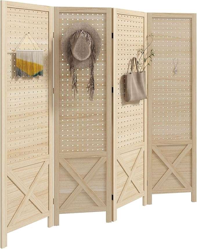 NicBex Room Divider 4 Panel Room Dividers with Pegboard Design Partition Room Dividers and Folding Privacy Screens 4.7 FT Wall Divider for Home, Office, Room Separation,59.75"W x 0.75"D x 57"H,Natural