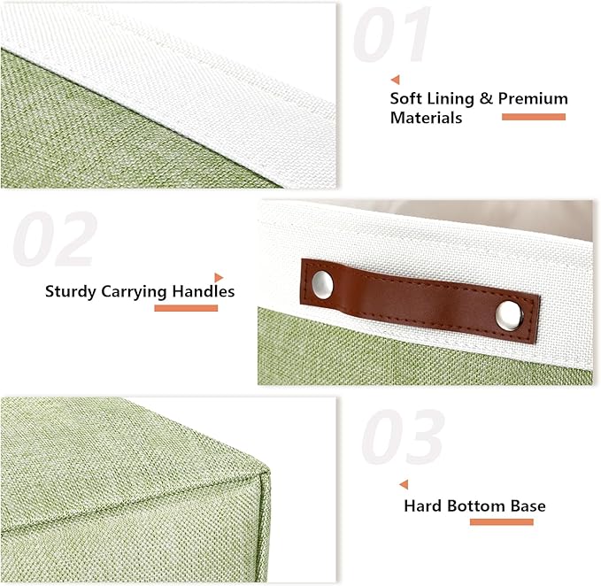 DULLEMELO 16 inch Fabric Storage Basket, Decorative Storage Boxes with Leather Handle for Closet Shelf Nursery, Collapsible Linen Storage Bins for Organizing Toys Book Towel Organizers(White&Green)