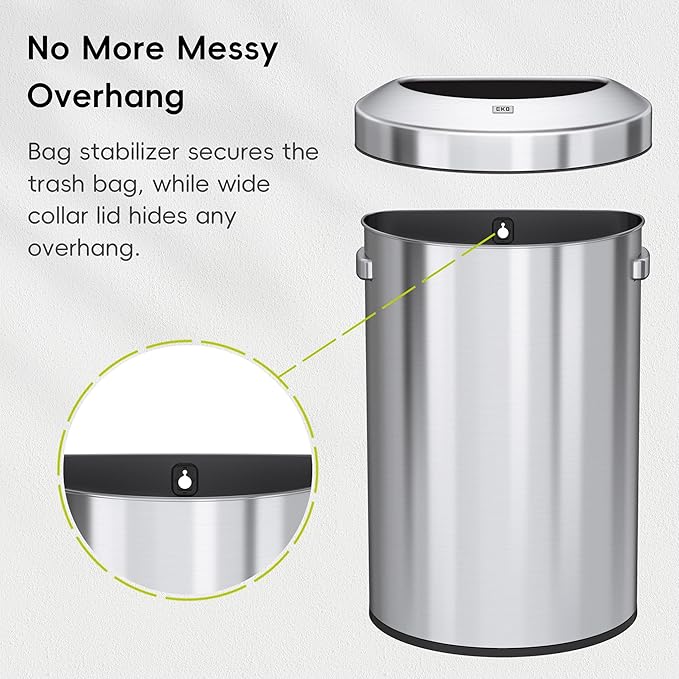 EKO Urban 21 Gallon Semi-Round Open Top Waste Bin, Stainless Steel Half Round Commercial Trash Can for Indoor and Outdoor, Extra Large Metal Garbage Bin for Home, Office, Restaurant, Restroom, 80L