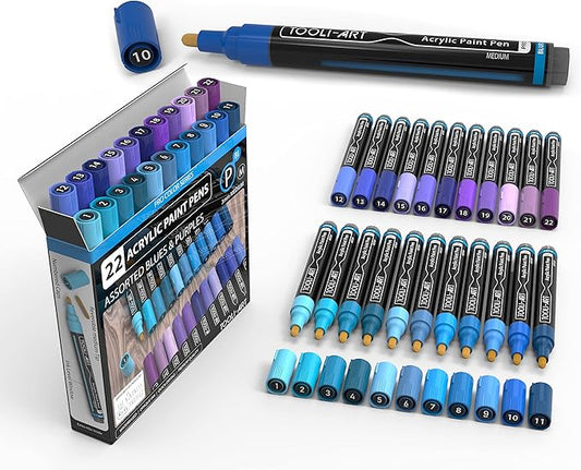 TOOLI-ART 22 Acrylic Paint Markers Paint Pens Pro Color Series Set 3mm Medium Tip for Rock Painting, Glass, Mugs, Wood, Metal, Glass Paint, Canvas, DIY. Non Toxic, Waterbased, Quick Drying (BLUES)