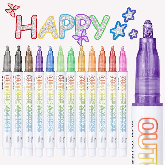 Double Line Markers,12 Colors Glitter Sparkling Pens,Self-Outline Markers,Stocking Stuffers for Teen Girl Gifts Trendy Stuff,Tween Teen Girl Gifts Trendy Stuff 4-16 Year Old,Art Supplies for Kids 9-12