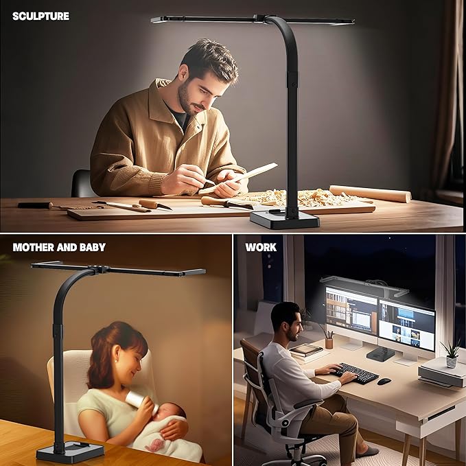 LED Desk Lamp for Home Office - 24W Bright Double Head Desk Light with Clamp Eye Caring Architect Task Light 25 Lighting Modes Adjustable Flexible Gooseneck Lamp (All Black)
