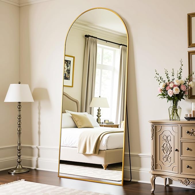 Full Length Mirror, 71"x26" Oversized Floor Mirror Freestanding, Full Body Mirror Floor Standing Mirrors with Stand, Hanging Mounted Mirrors for Bedroom Living Room, Gold, Arched Style