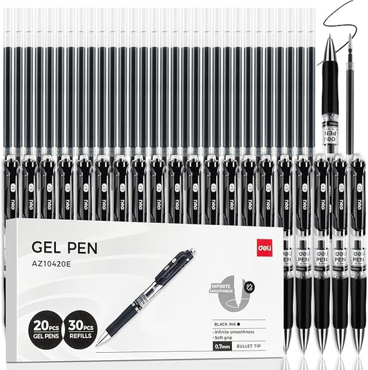 deli Gel Pens, 50 Pcs Retractable Pens Black Ink, 20 Pens with 30 Refills，Medium Point Pen Bulk 0.7mm, Smooth Writing, Fast Dry, No Bleed for Journaling Note Taking, Home School Office Supplies